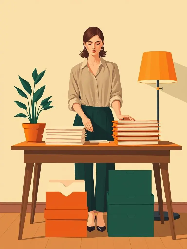 Ilustración plana de una persona adulta ordenando carpetas y sobres en montones sobre una mesa