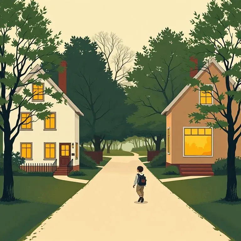 Ilustración plana de dos casas con las ventanas encendidas a ambos lados de un camino, y un niño con mochila caminando entre las dos