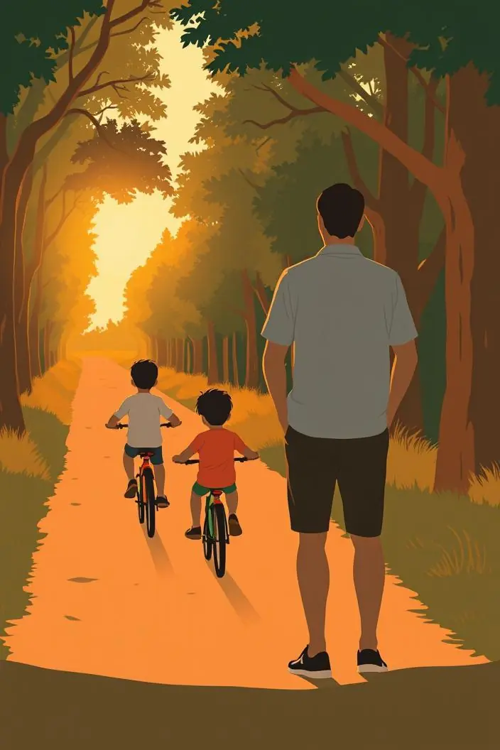 Ilustración plana de dos criaturas alejándose en bicicleta por un camino al atardecer mientras dos personas adultas las miran de espaldas
