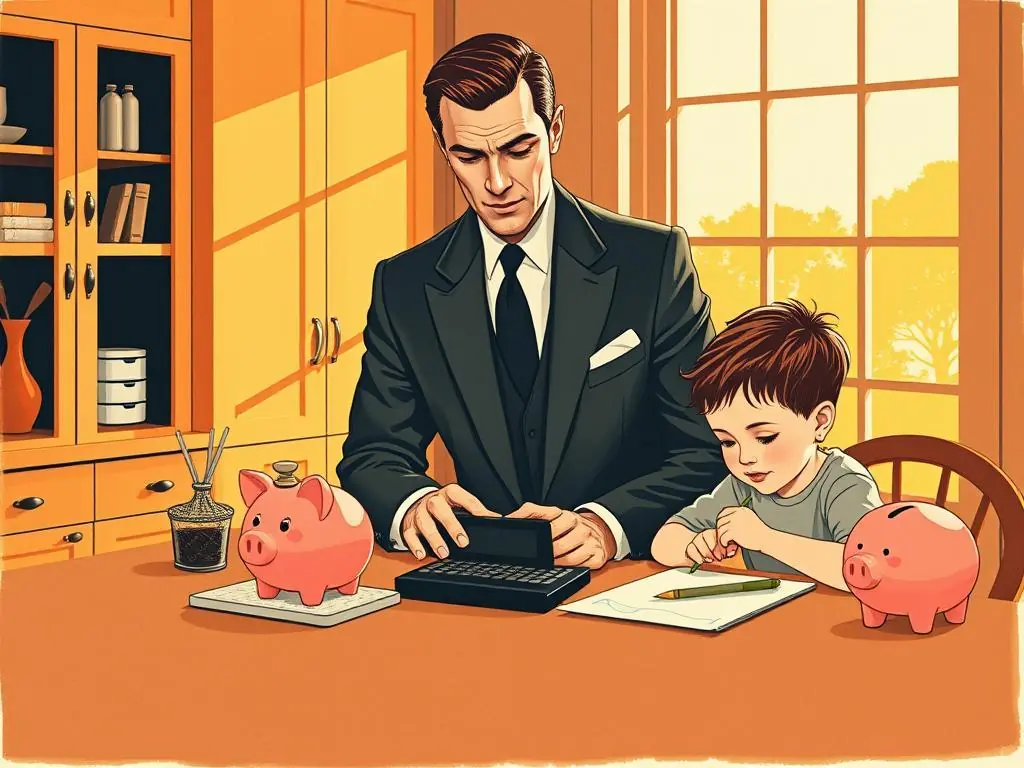 Ilustración plana de una madre y su hijo echando una moneda grande en una hucha verde